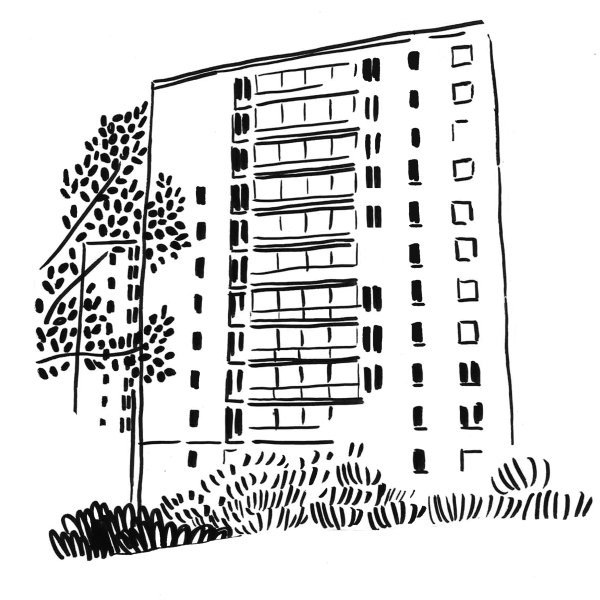 Illustration faite au feutre et à l'encre de Chine représentant un immeuble du quartier Bel Air à Saint-Priest.